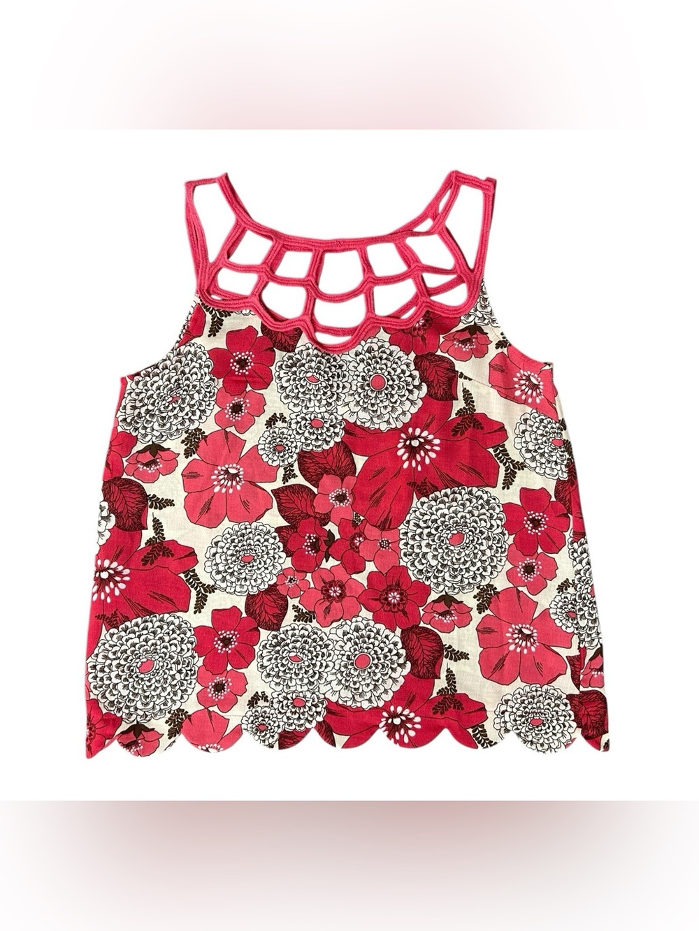 Entro Women’s Strappy Neck Ribbon Coral Floral Sleeveless Top Sz Large NWT